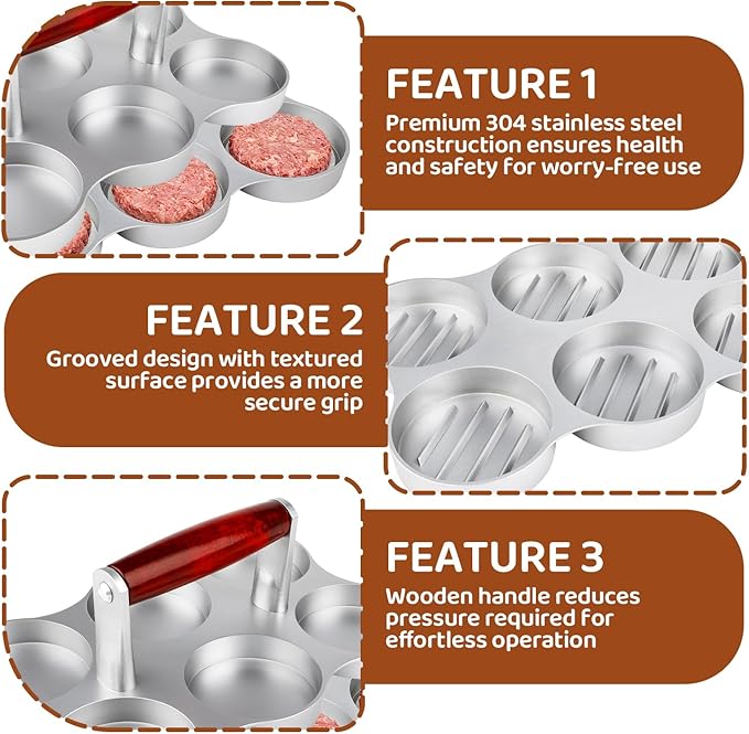 Mini Burger Press, 6 Slots Slider Sausage Patty Press with 200 Patty Papers and 6 Storage Containers, Heavy Duty Round Shape Meat Patty Maker for Small Hamburger, BBQ, Picnic