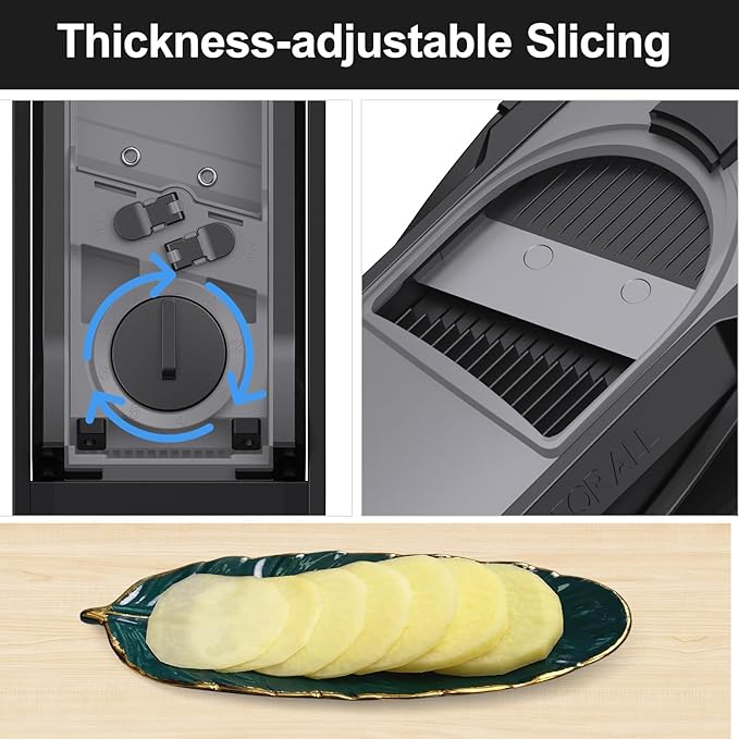 Safe Mandoline Slicer for Kitchen, Adjustable Thickness 0.1-8 mm, 5 in 1 Multi Vegetable Chopper, Potato Slicer, Food Chopper French Fry Cutte, Paring Knife/Cleaning Brush, Mandolin (BlackKnight)
