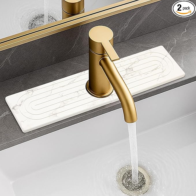 Small White Marble Stone Faucet Mat for Kitchen Sink Water Absorbing Durable Protector for Bathroom Counter Diatomite Quick Drying Stone Tray Sink Splash Guard Kitchen Faucet Mat