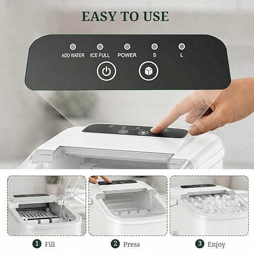 Ice Maker Countertop, Portable Ice Machine with Handle, Basket & Scoop, 26Lbs/24Hrs, 9 Bullet Ice Cubes Ready in 6–8 Mins, 2 Ice Sizes, Self-Cleaning, Quiet Compact for Home Kitchen Office RV Camping