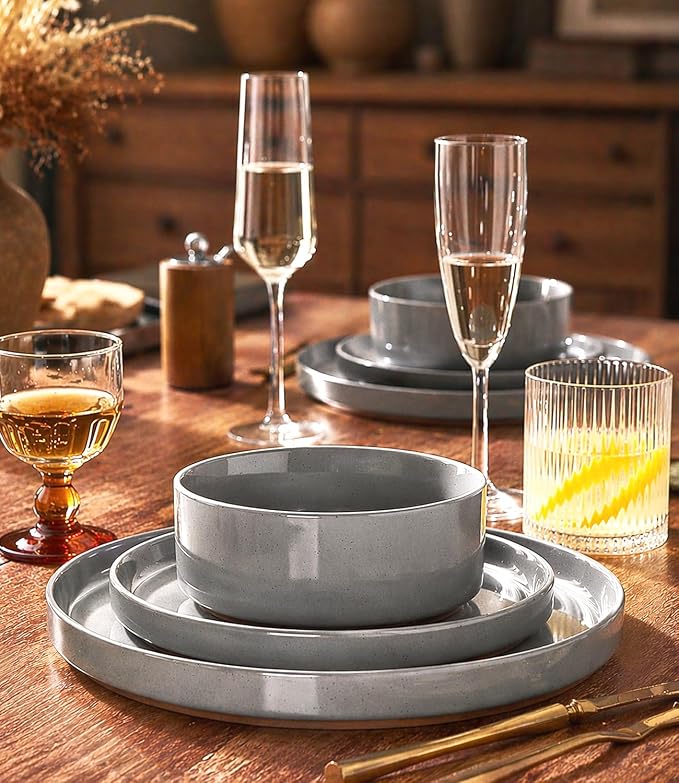 AmorArc Ceramic Dinnerware Set for 4 | Speckled Stoneware Plates and Bowls with unglazed terracotta | Scratch Resistant, Dishwasher & Microwave Safe Dishes Sets- 12-Pcs Gray
