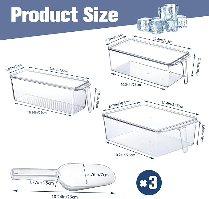 Havawish 6 Pcs Ice Storage Bin for Freezer with Lid and Flexible Scoop Set Plastic Ice Container with Lid Handle for Home Office Fridge Storage (12.4 x 8.07,12.4 x 5.91,12.4 x 3.94 Inches,Clear)