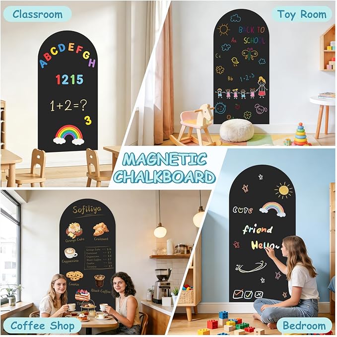 39.3" x 17.5" Black Arch Magnetic Wall Decal Self-Adhesive Chalk Board Wallpaper for Playroom Decor Peel and Stick Magnetic Wall Board with Starter Accessories Matte Finish Magnetic Play Wall for Kids