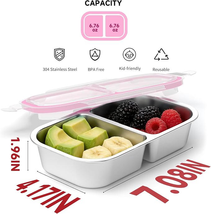 3 Pack Stainless Steel Snack Containers, 2 Compartment Reusable Metal Snack Boxes Containers with Leak-Proof Lids, Compact Lunch Box Food Storage Container
