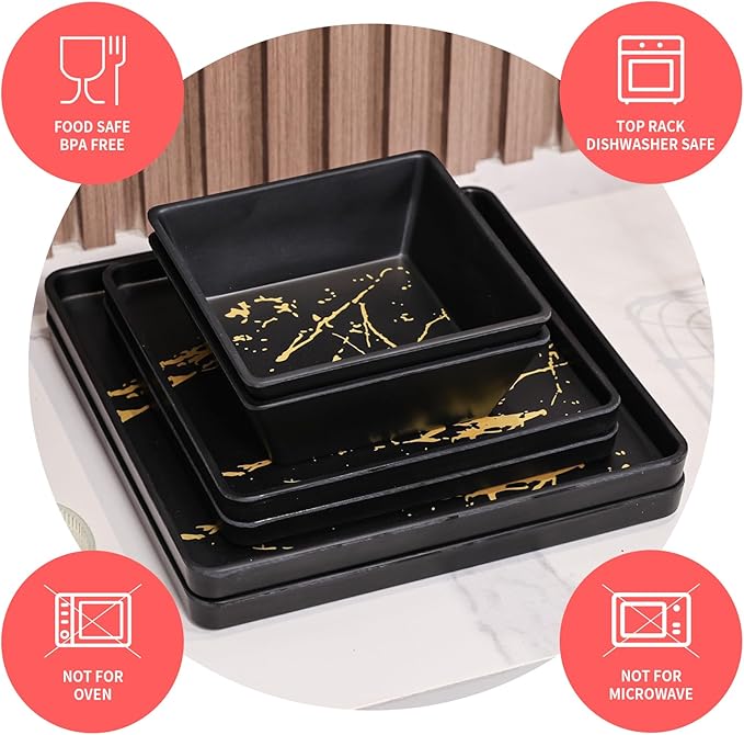 Melamine Dinnerware Sets - 12pcs Square Plates and Bowls Sets For 4, Indoor Outdoor Use, Dishwasher Safe, Black & Gold