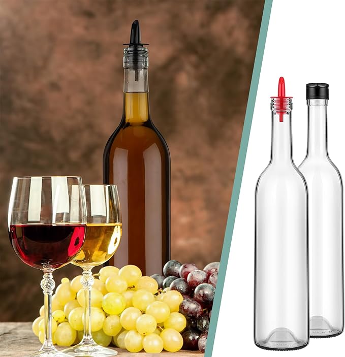 Maxdot 10 Pcs Glass Bottles with Pourer 750ml Long Neck Bordeaux Wine Bottle Clear Empty Wine Syrup Juice for Home Bar Liquor Juice Making Wedding Anniversary Party(Red)