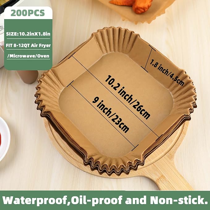 LYHOLKEER 9inch 200Pcs Air Fryer Liners Disposable,Non-Stick Food Grade Air Fryer Parchment Paper Liner,Oil Resistant, Waterproof Parchment Paper Sheets for 8-12 QT Air Fryer