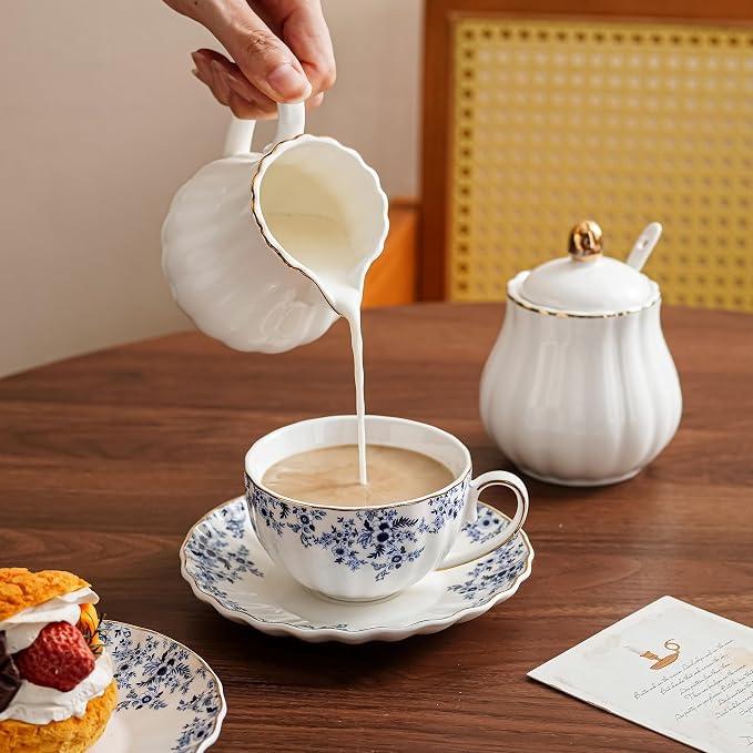 Agyiuns ceramic tea cups and saucers 6oz,floral tea cups for Coffee, Latte, Cafe Mocha and Tea (Little Blue Flowers)