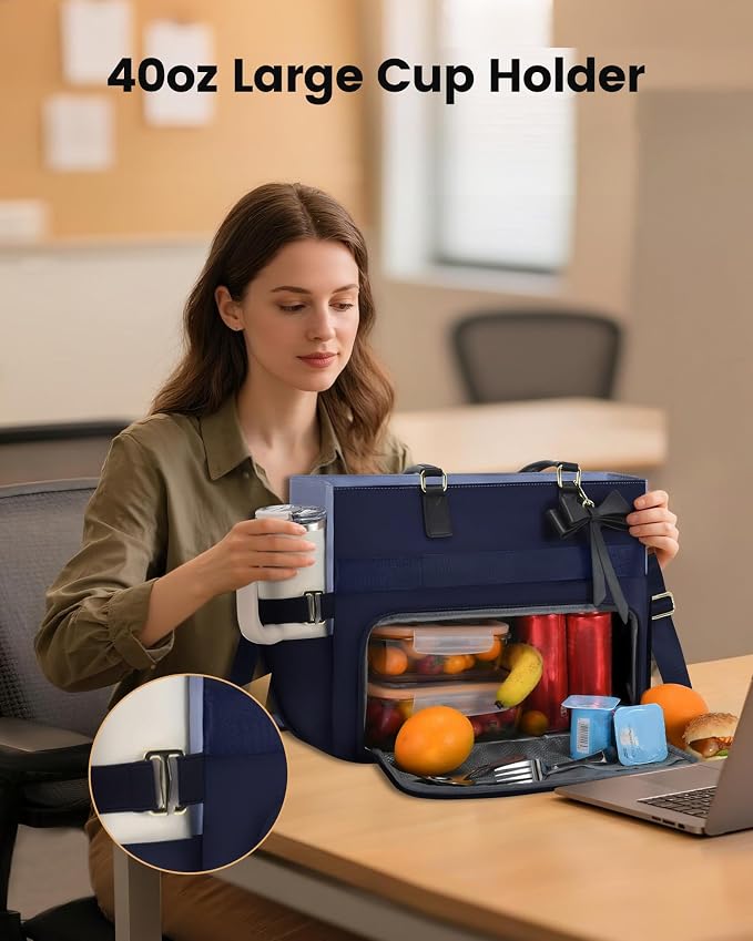 LOVEVOOK Lunch Bag, Tote Bag for Women with Insulated Lunch Compartment & Cup Holder, Insulated Lunch Bag Fit 17.3 Inch Laptop, Water Resistant Large Capacity Work Tote for Teacher, Nurse, Office