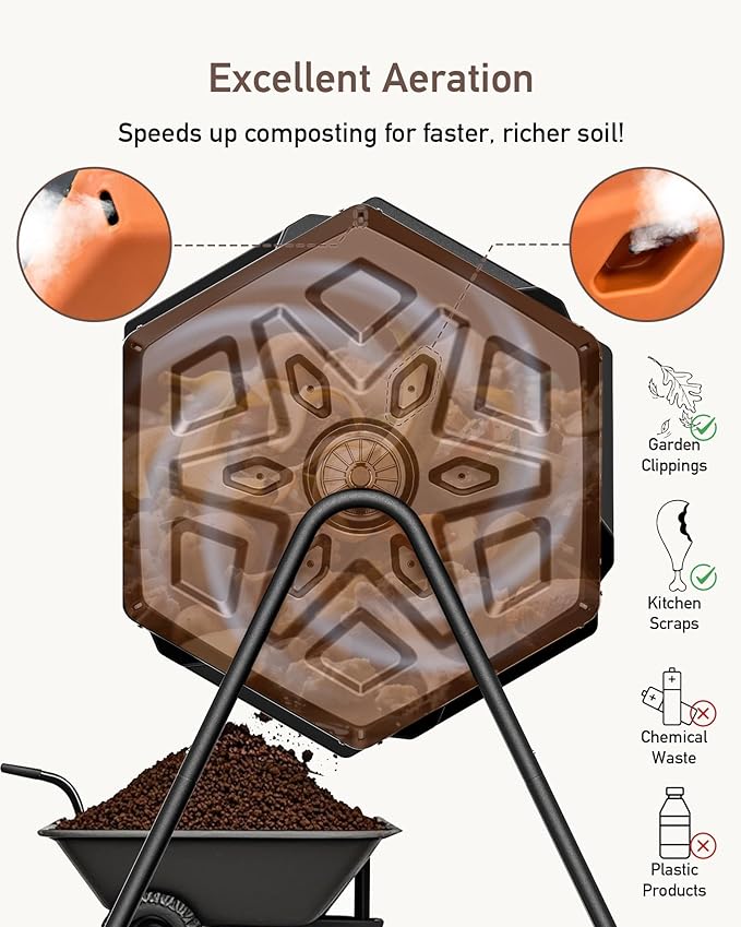 THEGROW'ING 43 Gallon Dual Chamber Compost Bin with Built-in Nuts & Thermometer, Outdoor Rotating Composter Tumbler for Garden Backyard, Orange