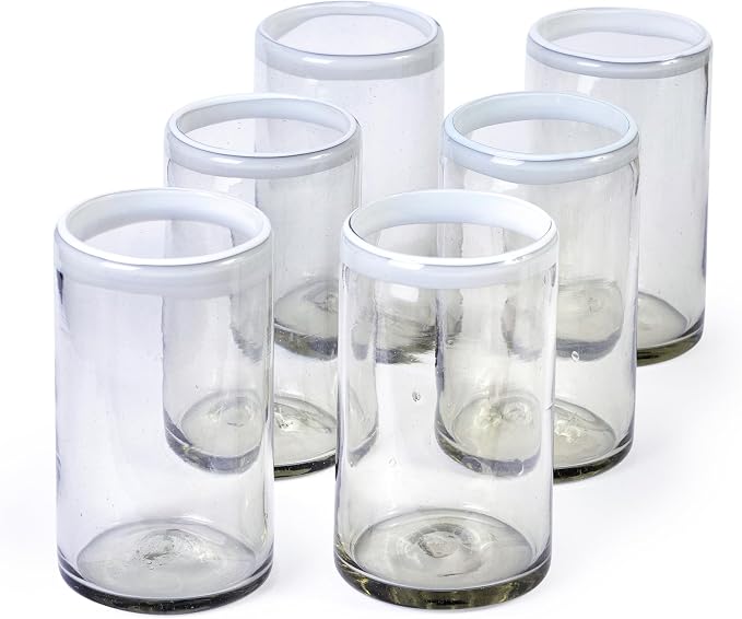 15 oz Hand Blown Mexican Drinking Glasses - Set of 6 tumblers, 15 fl oz each, White Rim