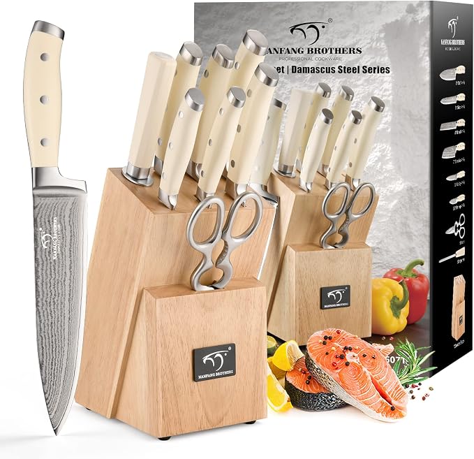 Damascus Kitchen Knife Set, 9 Pieces With Block, White ABS Triple Rivet Ergonomic Handle for Chef Knives, Sharpener and Shears