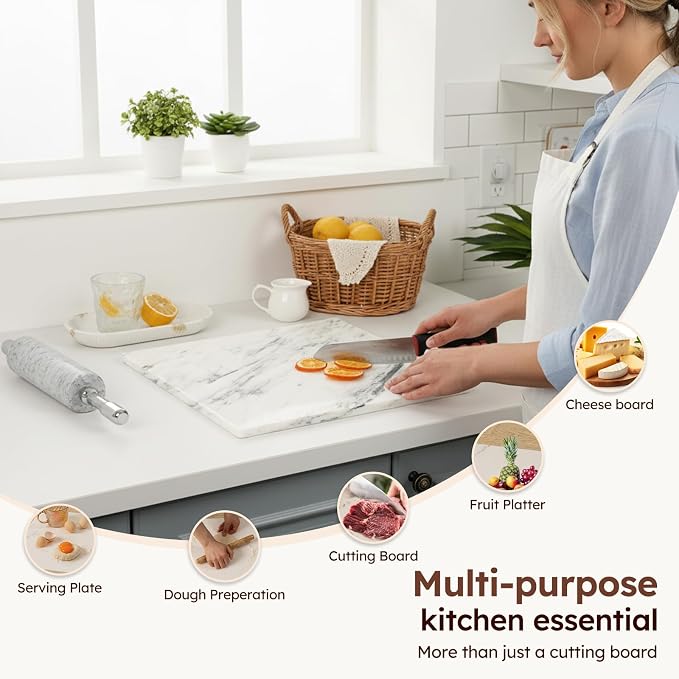 Diflart Natural Marble Stone Cutting Board for Kitchen, 16x20 Inch, Ink White, Marble Slab Pastry Board Large with Non-Slip Feet for Backing, Cheese, Chocolate, Pack of 1 Piece