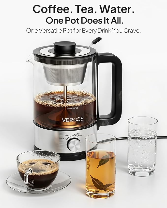 Percolator Coffee Pot Electric, 6-Cup, Double-Layer Stainless Steel Filter Mesh, Borosilicate Glass, Auto Mode & Keep-Warm, Detachable Cord