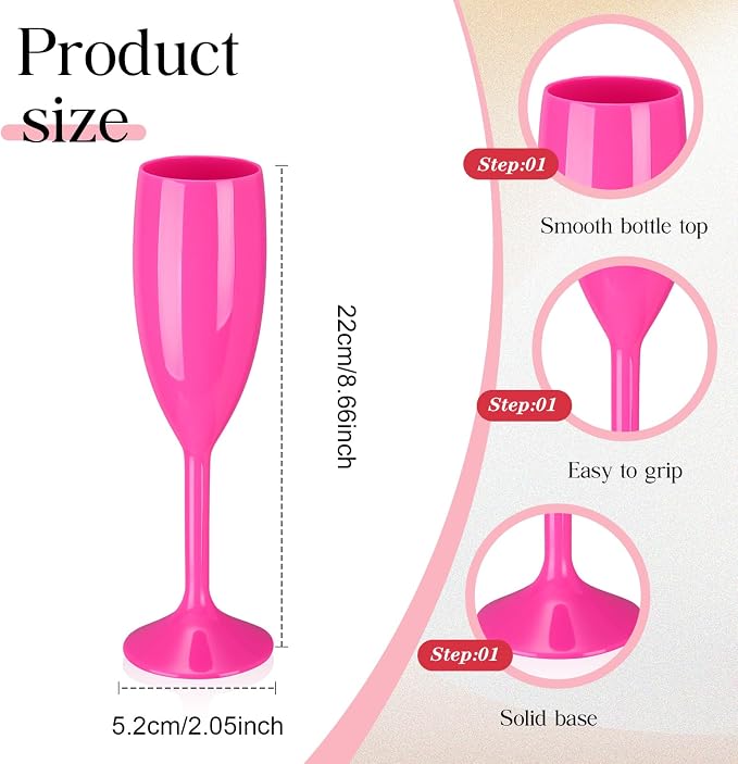 Maxcheck 24 Pcs Champagne Flutes Bulk Acrylic Toasting Drinking Flute Unbreakable Goblet Champagne Cups 6 oz Plastic Wine Glasses for Mother's Day Wedding Bridal Shower Anniversary Party (Hot Pink)