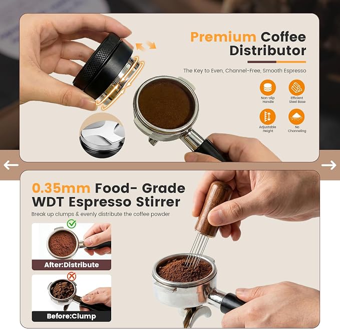 28-Piece 51mm Espresso Accessories Kit with Wood Tamping Station | Wood tamping station with tamper, distributor, WDT tool, dosing funnel, milk pitcher, puck screen and latte art accessories