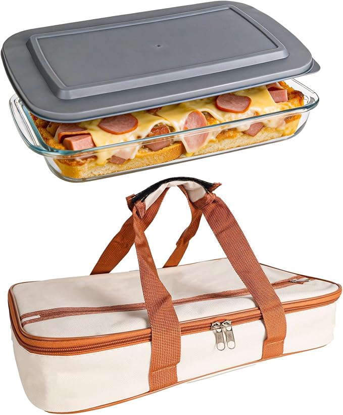 9x13 Glass Baking Dish With Lid - 3qt Glass Casserole With Carrier Insulated Bag For Hot Or Cold Food - Large Casserole Dish For Oven Potluck Party Picnic Cookouts（Beige and brown）
