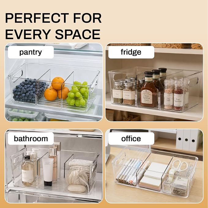 Mpotmiy Pantry Organizers and Storage , 8 Pack Snack Organizer for Pantry Shelf,Food Storage Bins with Divider,Clear Containers for Organizing,Transparent Plastic Basket,Refrigerator and Fridge Bins