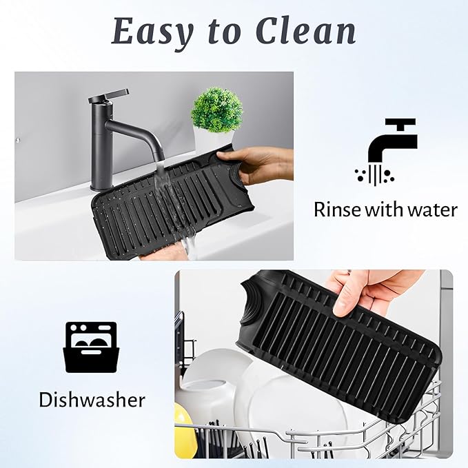 PoYang 24 inch Faucet Mat for Kitchen Sink Splash Guard, 7° Slope Silicone Sink Water Splash Guard for Kitchen Sink Area with Snap Button, Longer Sink Protectors for kitchen Sink Sponge Holder, Black