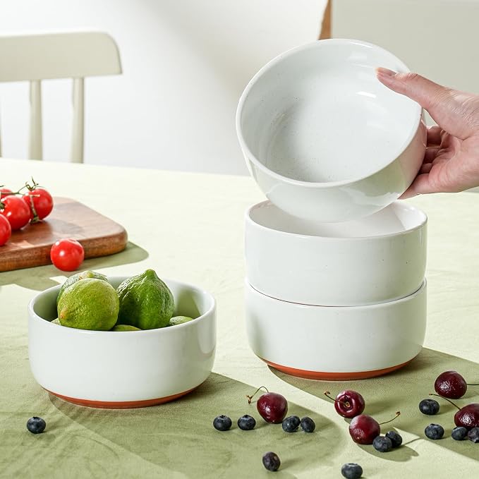 28 OZ Ceramic Cereal Bowls Set, 6 Inch, Set of 4, Elegant White | Handcrafted, Dishwasher & Microwave Safe, Stoneware Deep Soup Bowls for Everyday Use