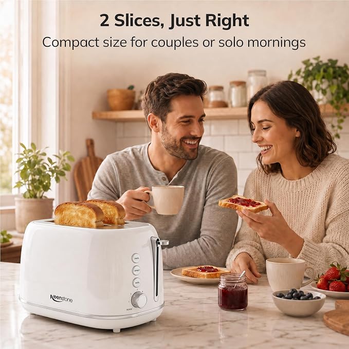 Keenstone Toaster 2 Slice, Retro Wide Slot Stainless Steel Toaster with 6 Browning Levels, Reheat & Defrost, for Bagel, Toast, Bread, Kitchen Essentials, Removable Crumb Tray, White