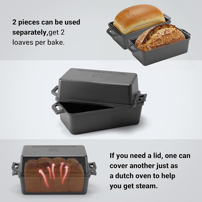 Northriver Casting 9×5 Inch Cast Iron Loaf Pan with Lid | Bread Baking Pan | Even Heat Distribution for Homemade Bread, Cake, and Meatloaf | 2 Piece Set
