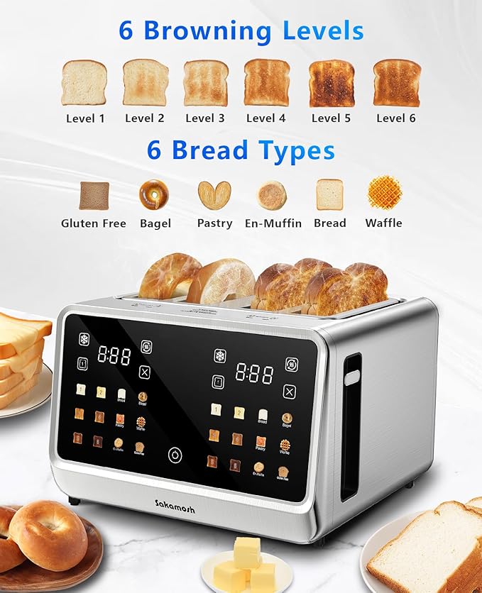 SAKAMOSH 4 Slice Touch Screen Toaster with Dual Control Panel, Wide Slots Smart Digital Toaster with 6 Browning Levels & Bread Type, Single Slice Toasting/Reheat/Defrost/Cancel, 1800W, Stainless Steel