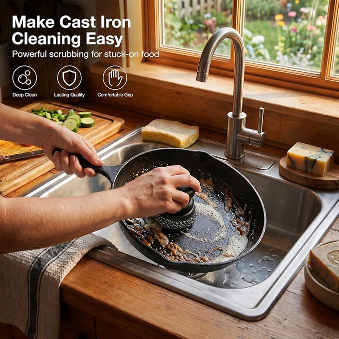 Onewly Cast Iron Scrubber and Scraper, Chain Mail Scrubber Cast Iron for Cleaning Dishes, Stock Pots, Pans, Griddles, Grills, Dish Scouring Pads