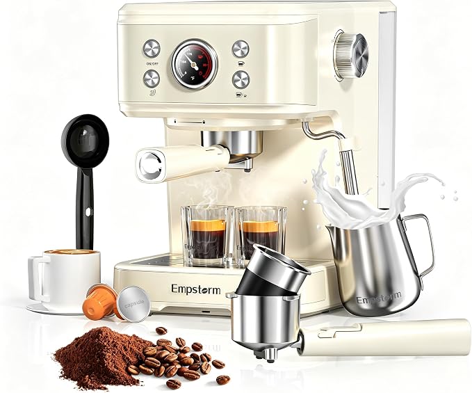 Empstorm Espresso Machine 20 Bar, 2 in 1 Espresso Maker with Milk Frother Steam Wand for Latte and Cappuccino, Powder and Capsule Portafilter, 50oz Removable Water Tank Coffee Machine for Home-White