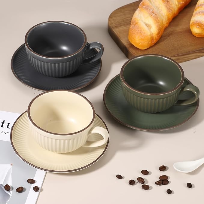 uxcell Handmade Vintage Espresso Cups, 9.5 oz Stripe Coffee Cups and Saucers Ceramic Tea Cup with Handle Dishwasher and Microwave Safe for Latte Cappuccino Milk Office Home Gifts, Beige
