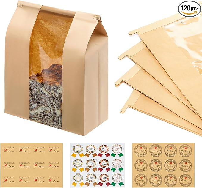 120 Pack Large Kraft Paper Bread Loaf Bag with Tin Tie Tab Lock ，for Homemade Bread Loaf Bags 14" x 8.3" x 3.5"，Sourdough Bread Bags with Clear Front Window for Baked Food Packaging Storage. (120)