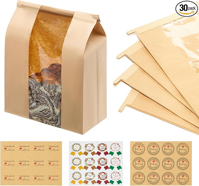 30 Pack Kraft Paper Bread Loaf Bags with Tin Tie Tab Lock, for Homemade Bread Loaf Bags 14" x 8.3" x 3.5", Sourdough Bread Bags with Clear Front Window for Baked Food Storage (30 Pack) | 30 Pack Bread Bags, Clear Front Window, 14" x 8.3" x 3.5", Tin Ti...