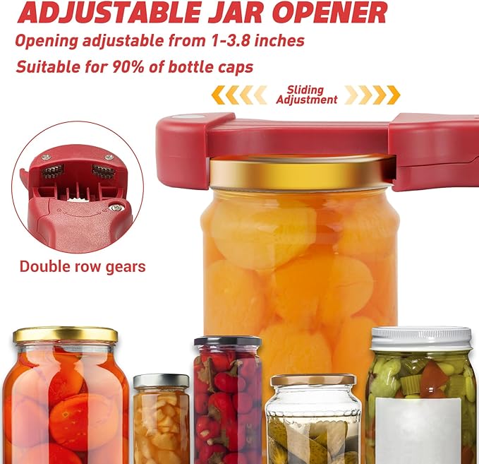 7 in 1 Jar Opener Bottle Opener and Wine Opener for Seniors with Arthritis, Weak Hands, Multi Retractable Magnetic Can Opener, Original Kitchen Lid Opener Tool (Red)