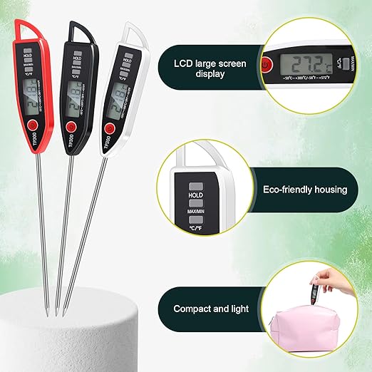 Copkim 12 Set Waterproof Food Thermometer for Water, Liquid, Candle and Cooking Digital Meat Thermometer with Long Probe Instant Read for Kitchen BBQ Grill Candy (Black,White,Red)
