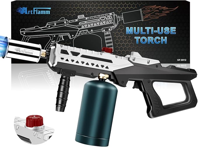 ARTFLAMM Propane Torch Gun, Powerful Cooking Grill Torch Gun, Adjustable Flamethrower Multi Use Blow Torch for BBQ, Campfire, Charcoal Wood Grills Lighter(Tank Not Included)