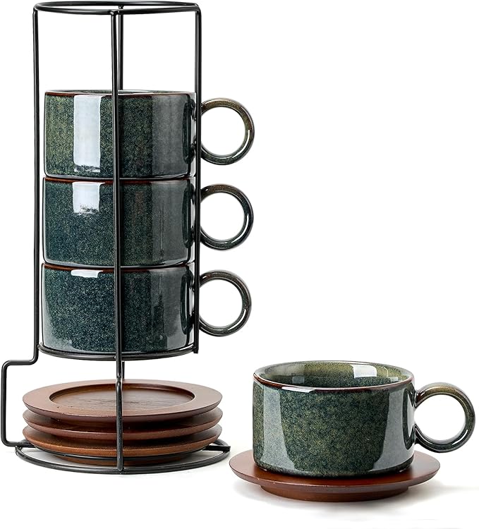 LUKA 6 Ounce Porcelain Stackable Espresso Cups with Saucers and Metal Stand Set of 4, Ceramic Cappuccino Cups Set for Specialty Coffee Drinks, Latte, Cafe Mocha and Tea, Kiln Tide Glaze