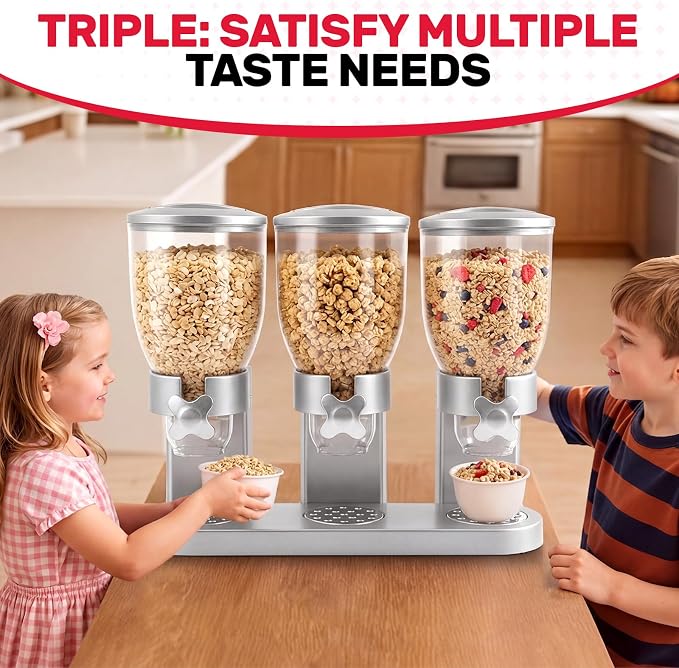 Triple Cereal Dispenser - 3 Pack 2L Large Cereal Containers Storage Airtight, Rotating Plastic Cereal Dispenser for Countertop, Pantry Organizer for Cereal, Rice, Grains, Candy, Coffee Beans