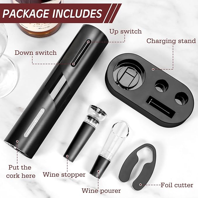 6-in-1 Electric Wine Bottle Opener Set, Cordless Rechargeable Wine Opener with Charging Base, Foil Cutter, Aerator Pourer & Stopper - Perfect Wine Gift Set for Wine Lovers
