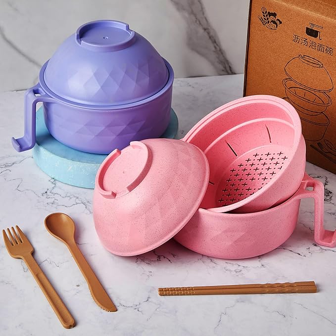 2 Sets Microwave Ramen Bowl 40 oz Wheat Fiber Portable Instant Noodle Cooker Bowl with Handles Strainer Spoon Chopstick Fork College Dorm Room Apartment Essentials(Pink, Purple)