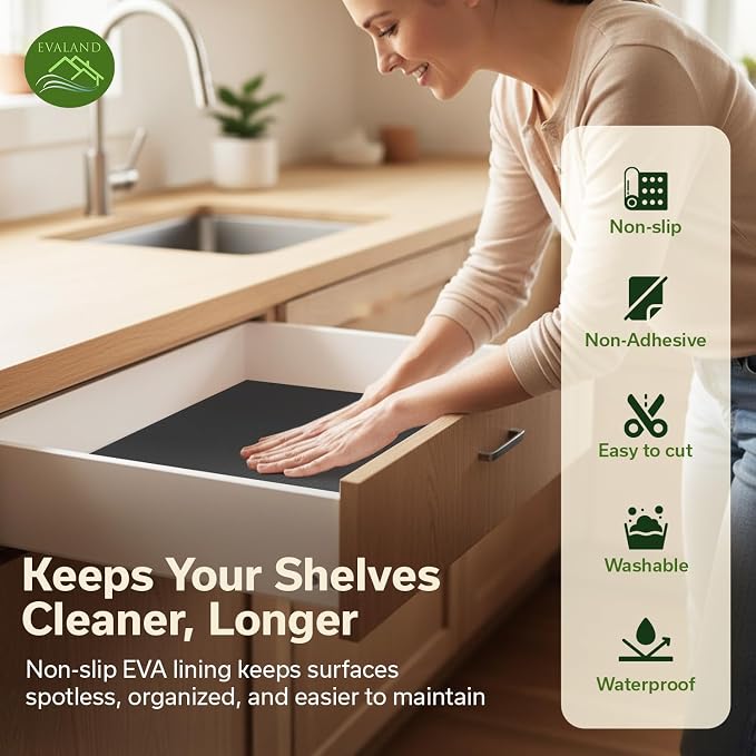 EVALAND Shelf Liners for Kitchen Cabinets Non-Adhesive 12" x 33 FT Black Drawer Liner Non Slip, Washable Cabinet Liner, Waterproof Shelf Liners for Cabinets, Refrigerator Bathroom Pantry - Thickened
