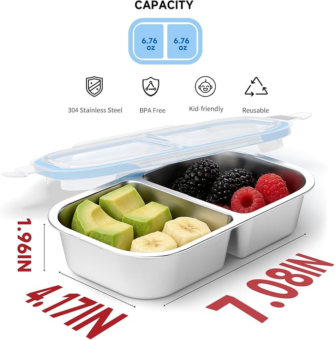 3 Pack Stainless Steel Snack Containers, 2 Compartment Reusable Metal Snack Boxes Containers with Leak-Proof Lids, Compact Lunch Box Food Storage Container