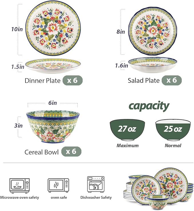 18-Piece Ceramic Dinnerware Set, Service for 6, Bohemian Floral Dish Set, Includes Plates and Bowls Sets, Microwave & Oven & Dishwasher Safe, Vintage Dish Set