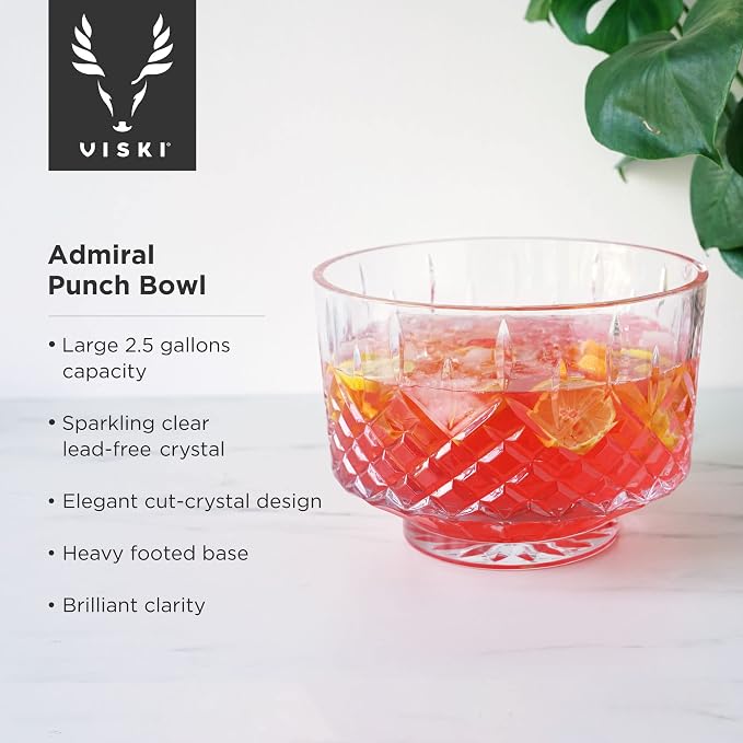 Viski Admiral Crystal Punch Bowl - Vintage Style Glass Punch Bowl for Parties - Serveware for Cocktails, Dishwasher Safe 2.5 Gallons 320oz Set of 1.