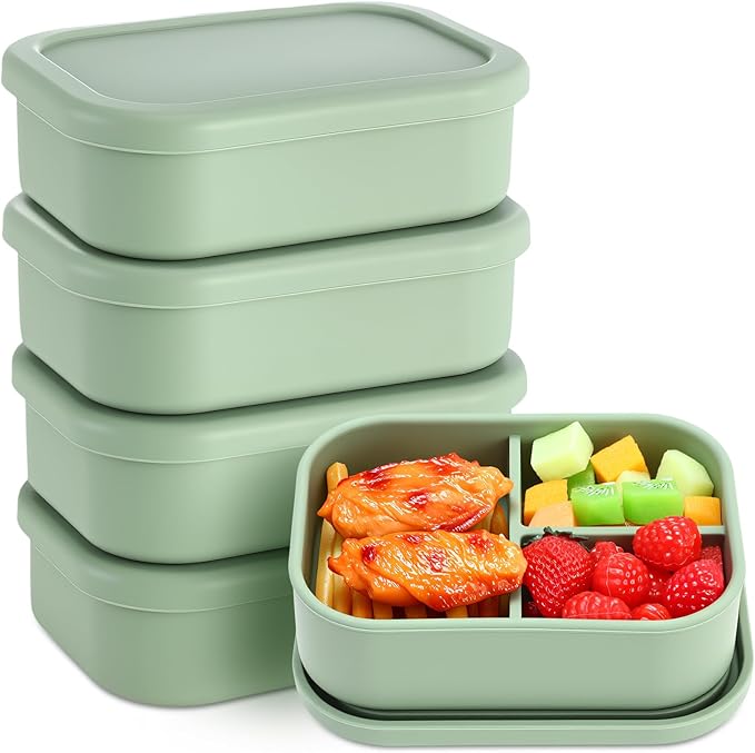 Honeydak 4 Pcs Silicone Bento Box for Adults, 3 Compartment Lunchable Food Container for Women Men, Leak Proof Microwave Dishwasher Freezer Safe (Olive Green)