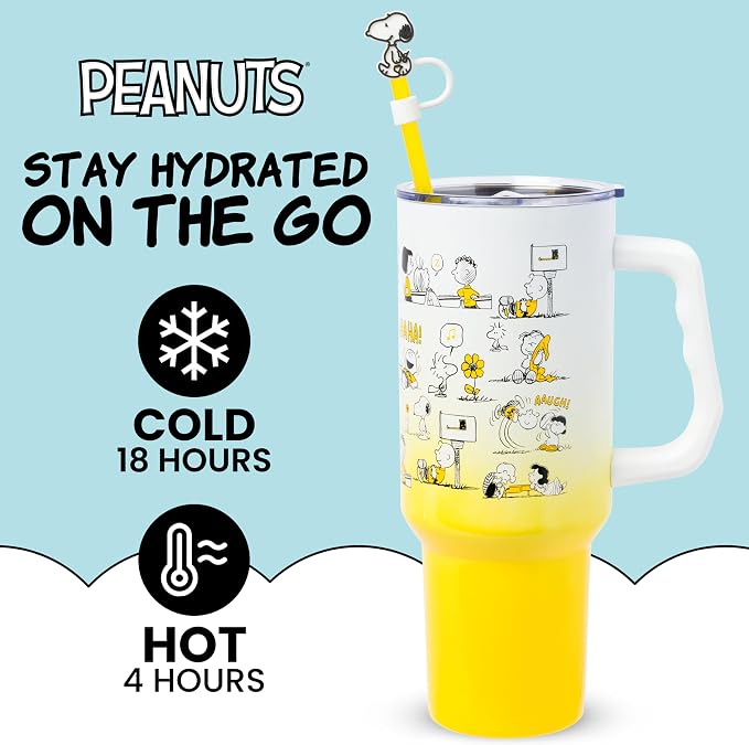 Silver Buffalo Peanuts Iconic Scenes Charlie Brown, Snoopy, Woodstock, Lucy, Sally, Linus Double Walled Stainless Steel Tumbler with Handle, Straw, & Straw Cap, Fits in Standard Cup Holder, 40 Ounces