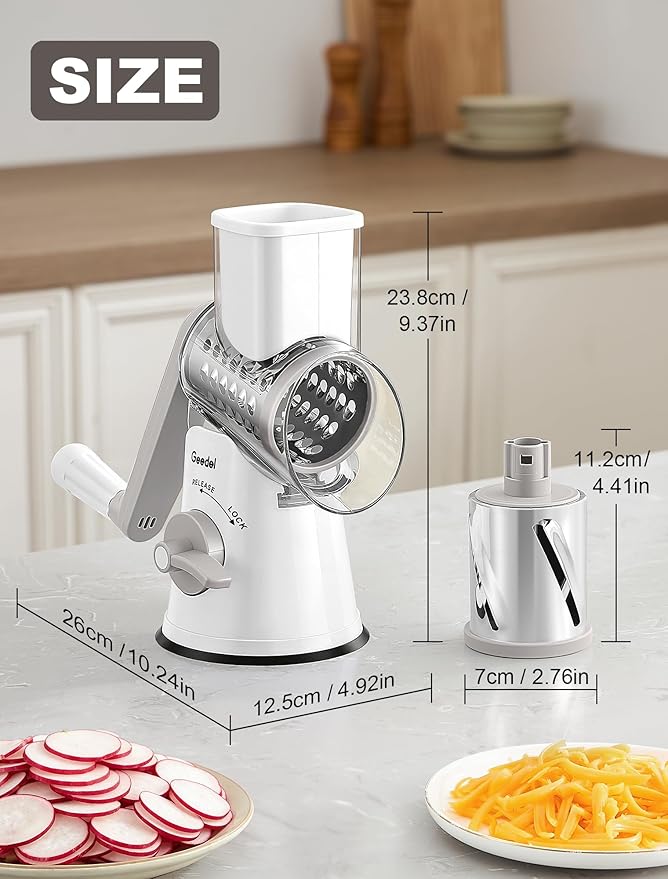 Geedel Rotary Cheese Grater Cheese Shredder - Upgraded 6-in-1 Cheese Grater with Handle and Strong Suction Base, Multi-purpose Vegetable Slicer Ice Shaver Nuts Grinder for Ice, Vegetables, Fruit