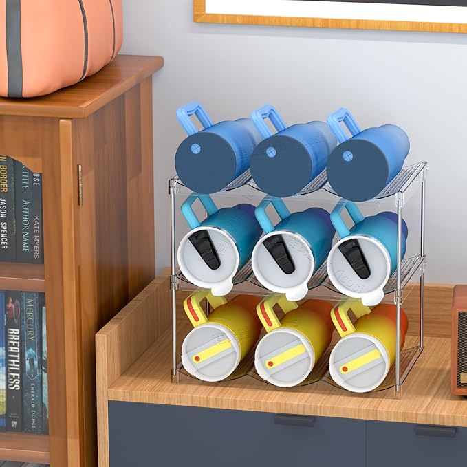 Stackable Water Bottle Organizer for Cabinet,3 Tier Water Bottle Holder for Stanley Yeti 40 oz Bottle Shelf,Clear Tumbler Storage Organizer,Wine Rack,Cup Organizer for Kitchen Cabinets Counter Pantry