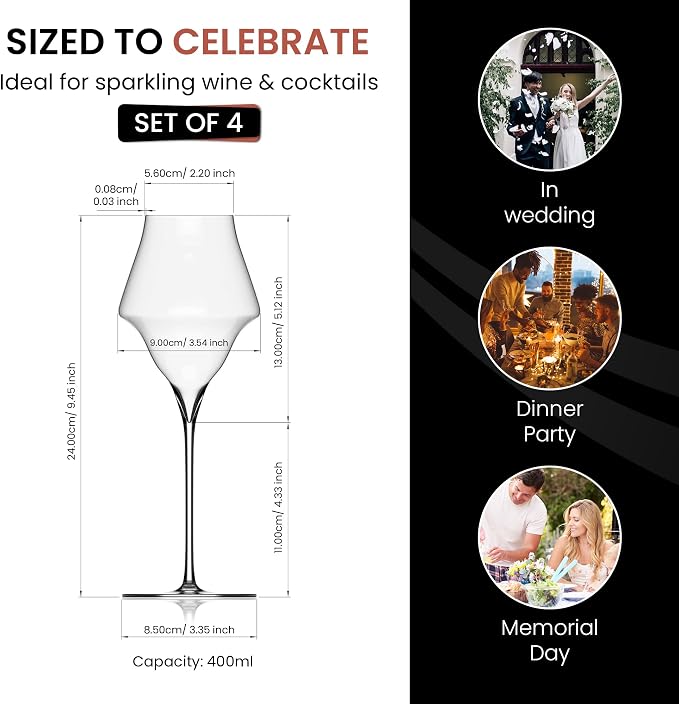 Figueroa Champagne Glasses, Crystal Stemmed Champagne Flutes for Prosecco Sparkling Wine Mimosa, Elegant Clear Champagne Glass Cups for Weddings Parties Dining Table Kitchen Bar Glassware - Set of 4