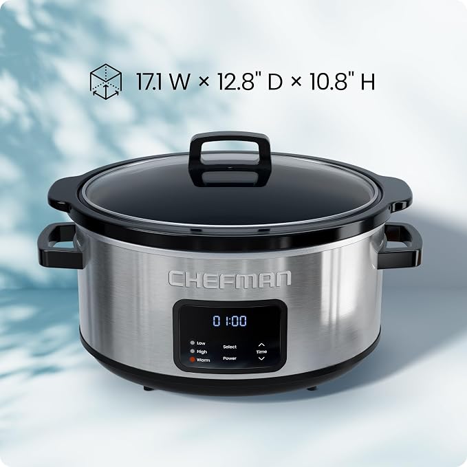 Chefman Slow Cooker 7 Quart, Large Family Size Programmable Digital Slow Cooker with 24-Hour Timer, Low, High & Warm Settings, Ceramic Crock, Tempered Glass Lid, Dishwasher-Safe, Stainless Steel