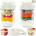 Miuyhji Overnight Oats Containers with Lids, 2-Pack Glass Mason Jars 16 oz with Lids, Folding Spoons and Separated Compartment, for Chia Pudding, Yogurt, Salad, Parfait Cups (Beige)